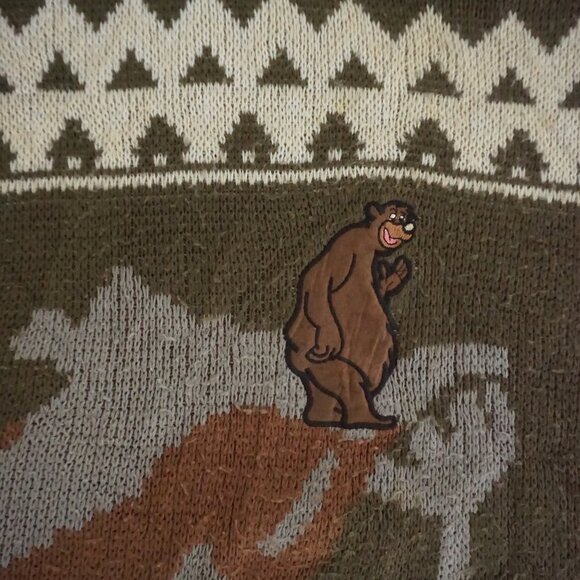 VTG Olive Green Bear Wildlife Fair Isle Graphic Outdoor Knit Crewneck Sweater XL - Picture 7 of 12